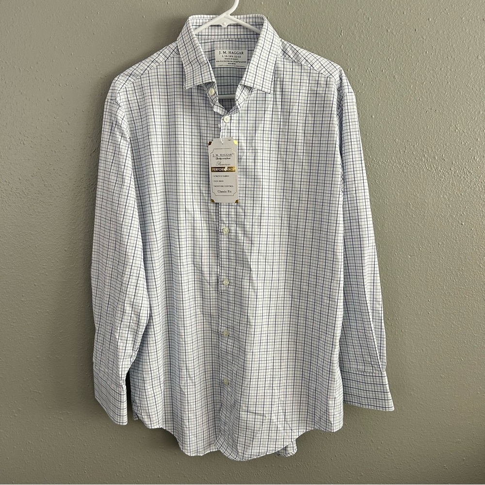 J.M Haggar Mens L Classic Fit Blue Check Performance Button Up Shirt 16-16.5 NWT